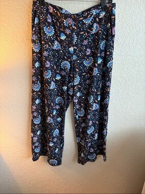 Black Floral Wide-Leg Pants with Blue & Pink Blooms
